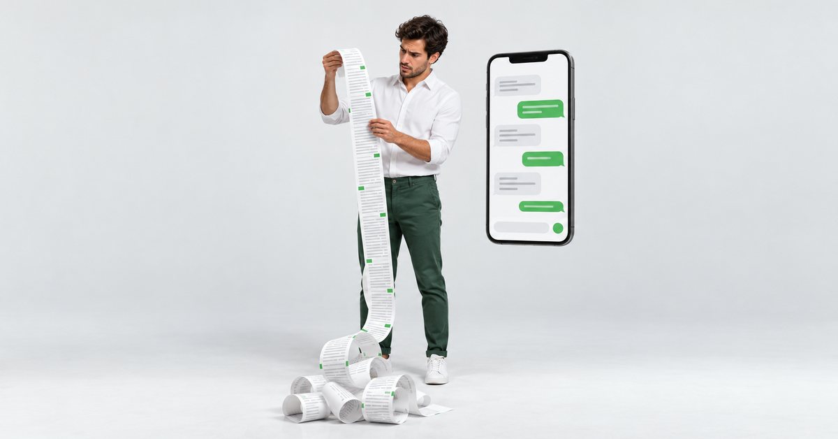 Gestor em pé segurando um comprovante de mensagens que não termina, com o celular ao lado